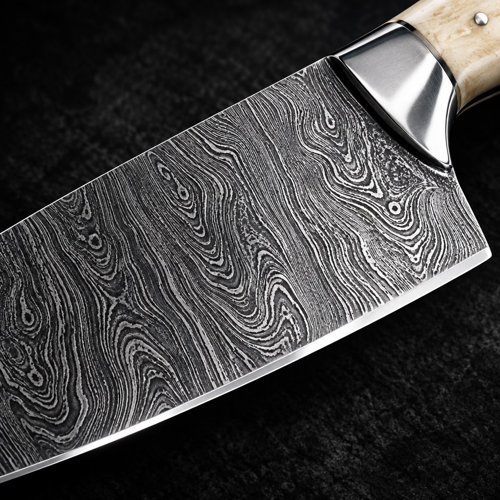 Extreme close-up of handmade Damascus steel chef knife blade with wood grain Damascus pattern on deep black charcoal background
