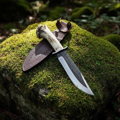 High carbon steel Bowie hunting knife with stag antler handle and embossed brown leather sheath on forest moss