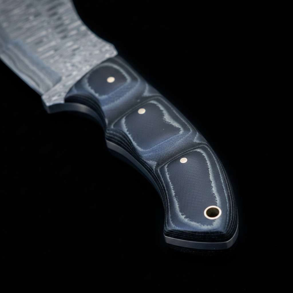 Close-up of black and gray textured micarta handle with steel pins and lanyard tube on black background