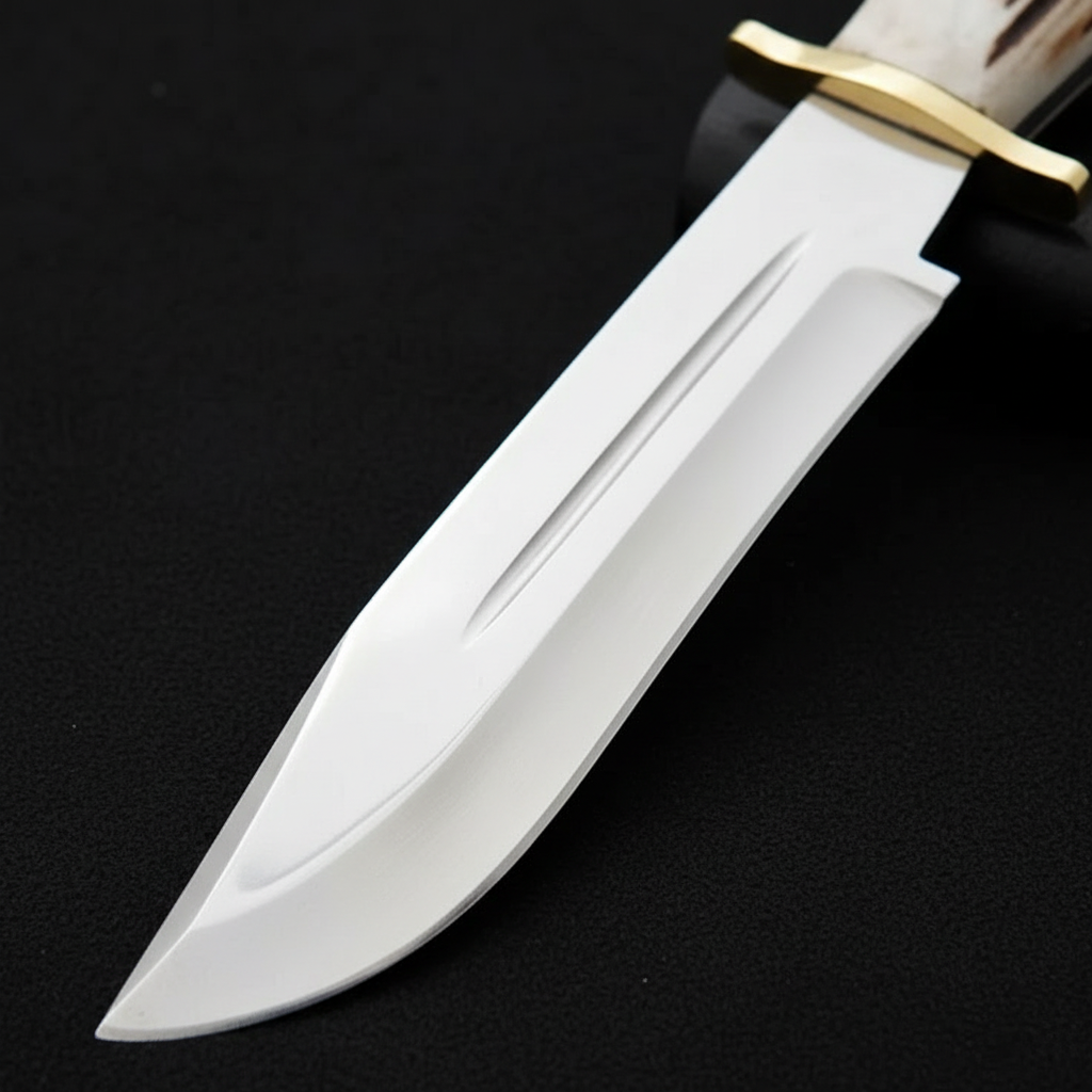 Extreme close-up of mirror polished carbon steel hunting Bowie blade clip point on deep black charcoal background