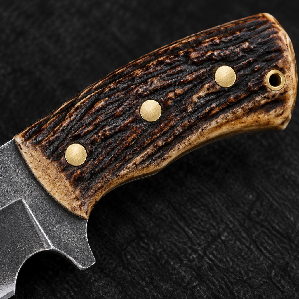 Extreme close-up of dark stag antler boar Bowie knife handle with brass pins on deep black charcoal background