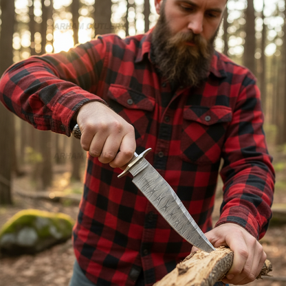 American outdoorsman using handmade Damascus Bowie knife in forest, golden hour light