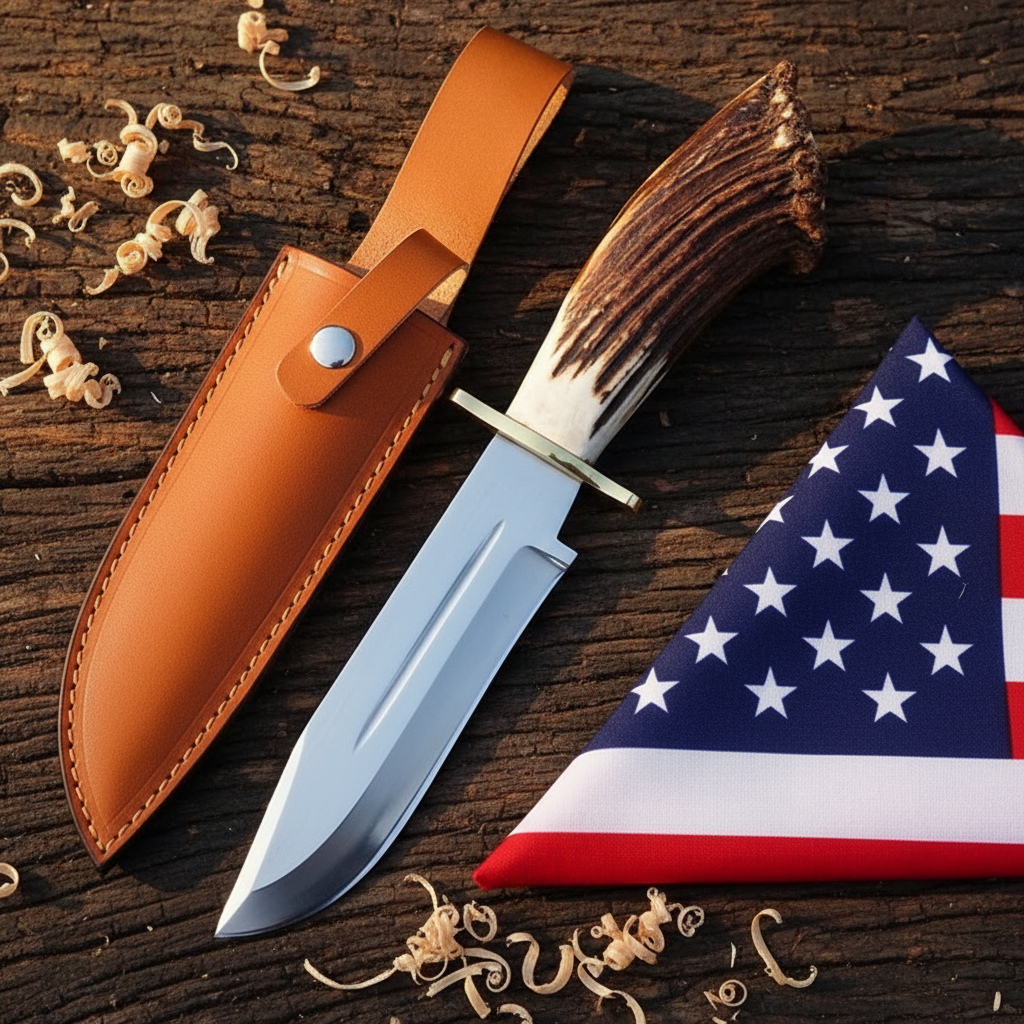 Custom carbon steel hunting Bowie knife stag antler handle hero flat lay on rustic dark wood with American USA flag