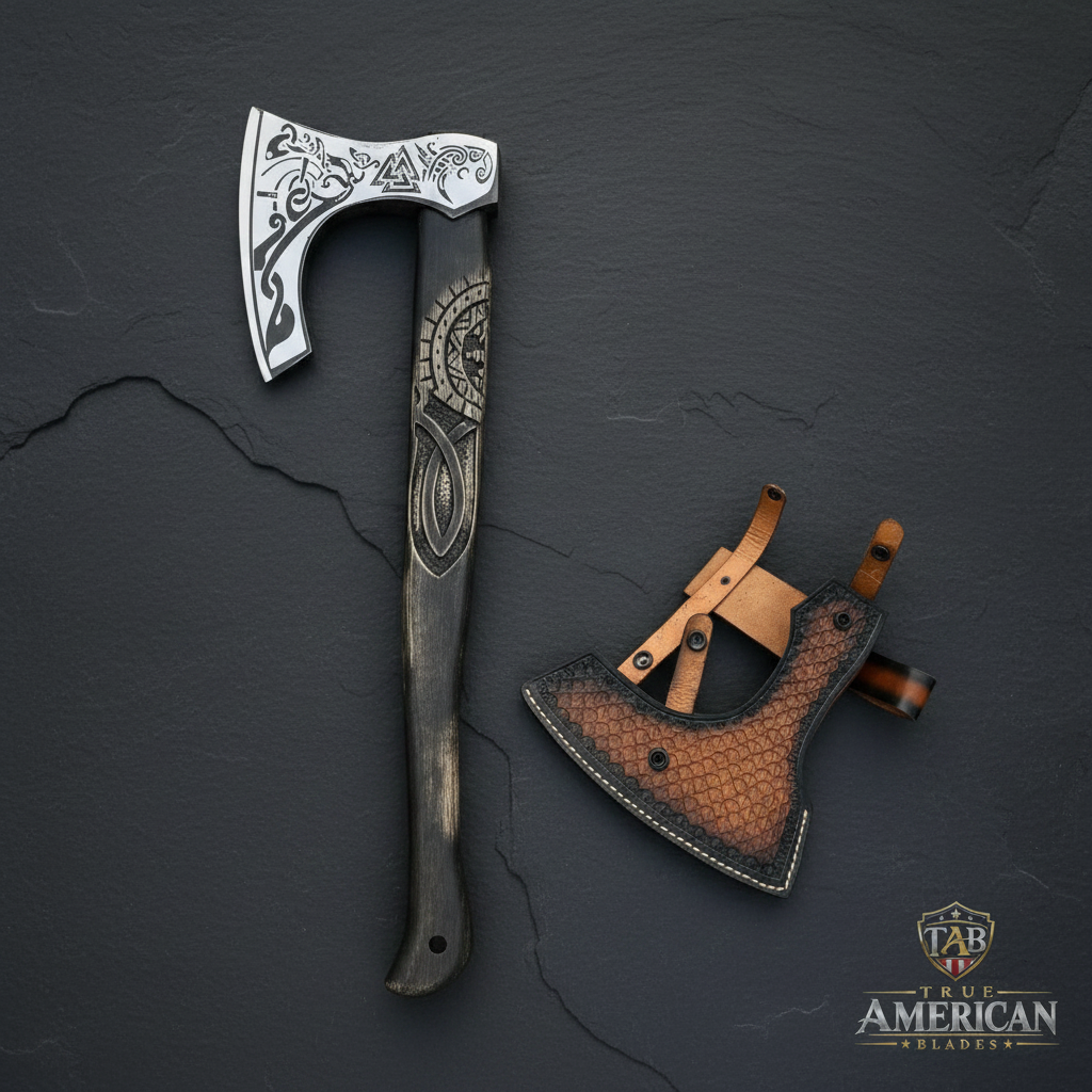 Viking-inspired engraved axe standing beside its matching brown sheath on dark slate