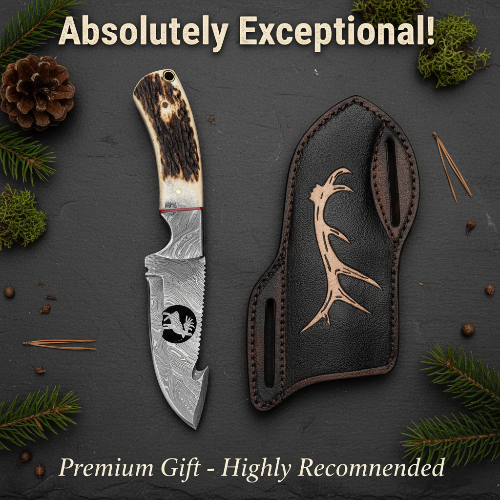 Premium handmade Damascus knife with stag horn handle and leather sheath flat lay gift presentation on dark slate
