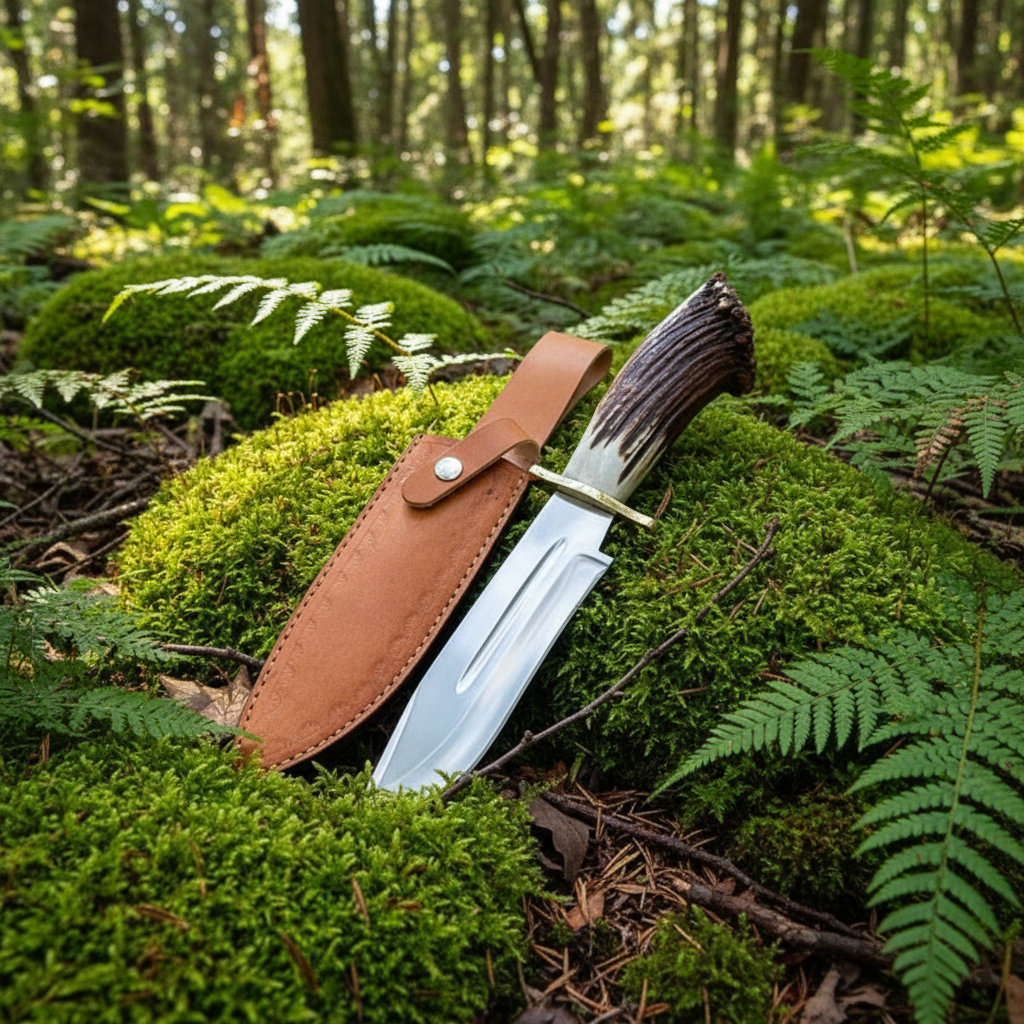 Carbon steel hunting Bowie knife and plain tan leather sheath resting on thick green forest moss natural outdoor setting