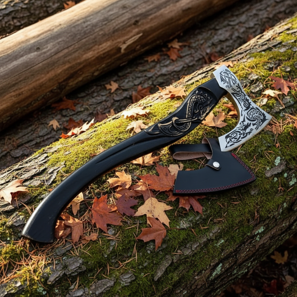 Handmade Viking Norse axe on mossy forest log, blade pointing right