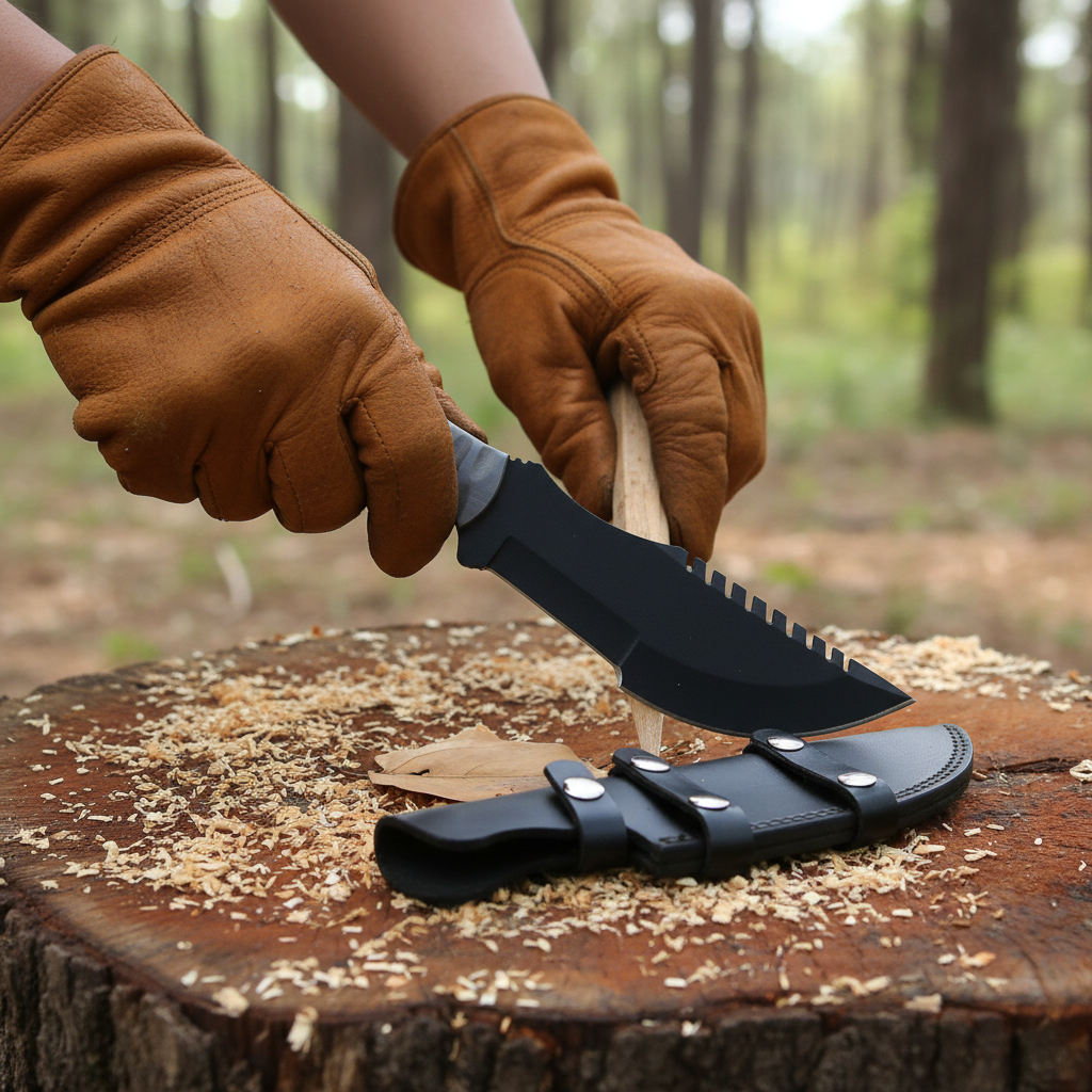 Hands safely using a J2 steel tracker hunting knife during an outdoor woodland camp task with sheath nearby