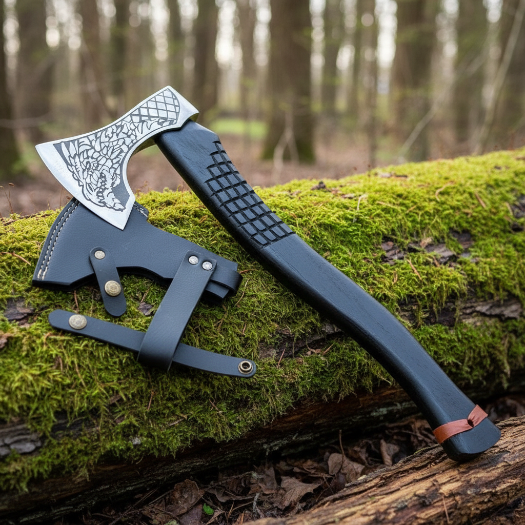 Handmade Viking warrior axe on mossy forest log, blade pointing left
