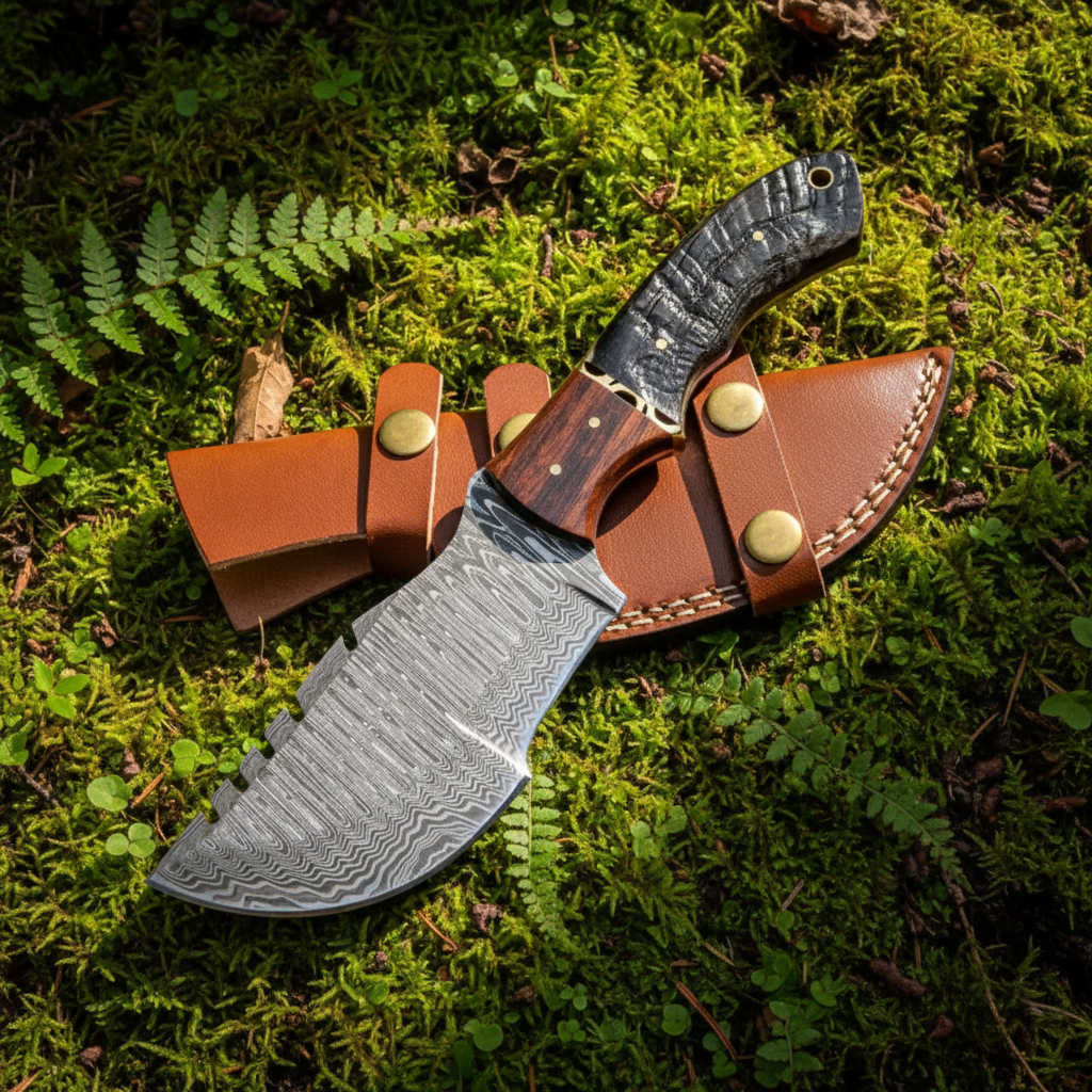 Damascus ram horn walnut tracker knife and leather sheath on lush green forest moss natural outdoor setting