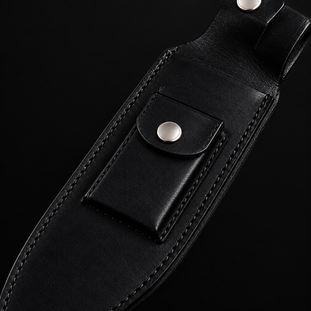 Extreme close-up of black genuine leather Bowie knife sheath diagonal angle silver snap button on deep black charcoal background