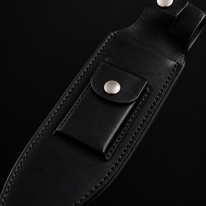 Extreme close-up of black genuine leather Bowie knife sheath diagonal angle silver snap button on deep black charcoal background