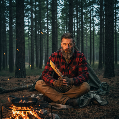 Rugged bearded man holding handmade Damascus Bowie knife with stag antler handle at campsite with warm campfire glow