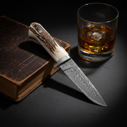 Damascus stag horn knife with whiskey glass and leather journal in dark cinematic luxury editorial photography