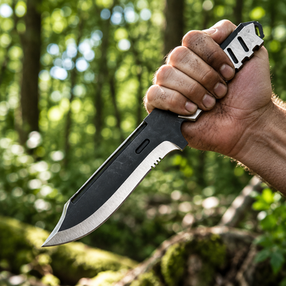 Rugged hand gripping MGS4 Old Snake replica tactical knife skeletonized handle dynamic outdoor grip pose forest bokeh