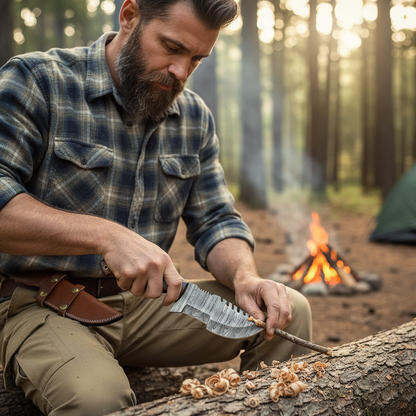 Bearded man using a Damascus tracker knife during a calm woodworking task at a forest campsite