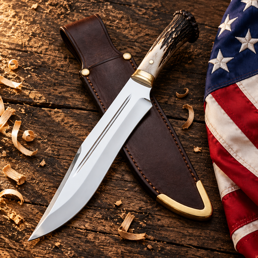 Handmade D2 steel Bowie hunting knife stag horn handle blood groove blade hero flat lay on rustic dark wood with American USA flag