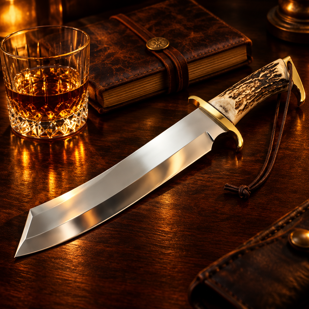 Custom handmade hunting Bowie knife stag horn handle luxury cinematic editorial with whiskey glass and leather journal on dark mahogany