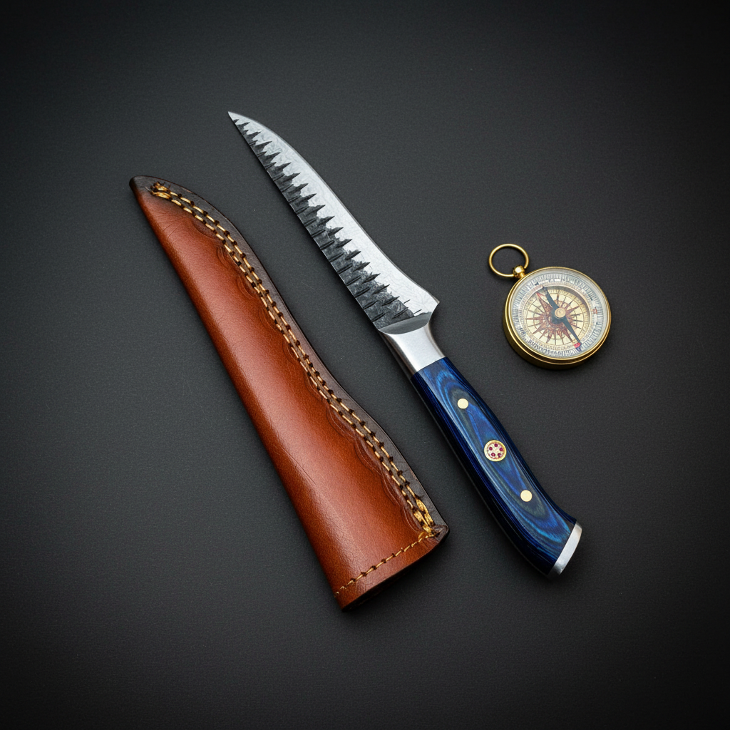 Hand forged Damascus boning and fillet knife with blue pakkawood handle and brown leather sheath in a dark editorial setting