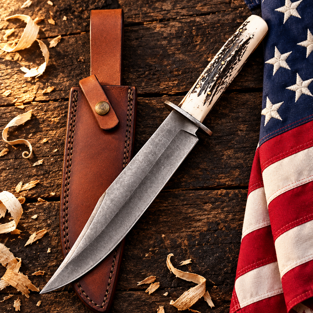 Custom carbon steel hunting survival knife pale stag antler handle hero flat lay on rustic dark wood with American USA flag