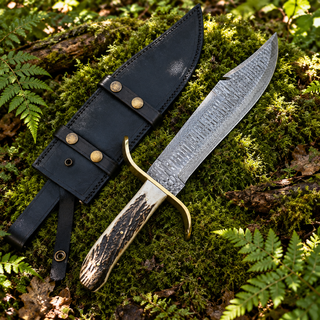 Custom handmade Damascus Bowie knife ladder pattern blade stag antler handle and black leather sheath on thick green forest moss natural outdoor