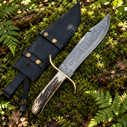 Custom handmade Damascus Bowie knife ladder pattern blade stag antler handle and black leather sheath on thick green forest moss natural outdoor