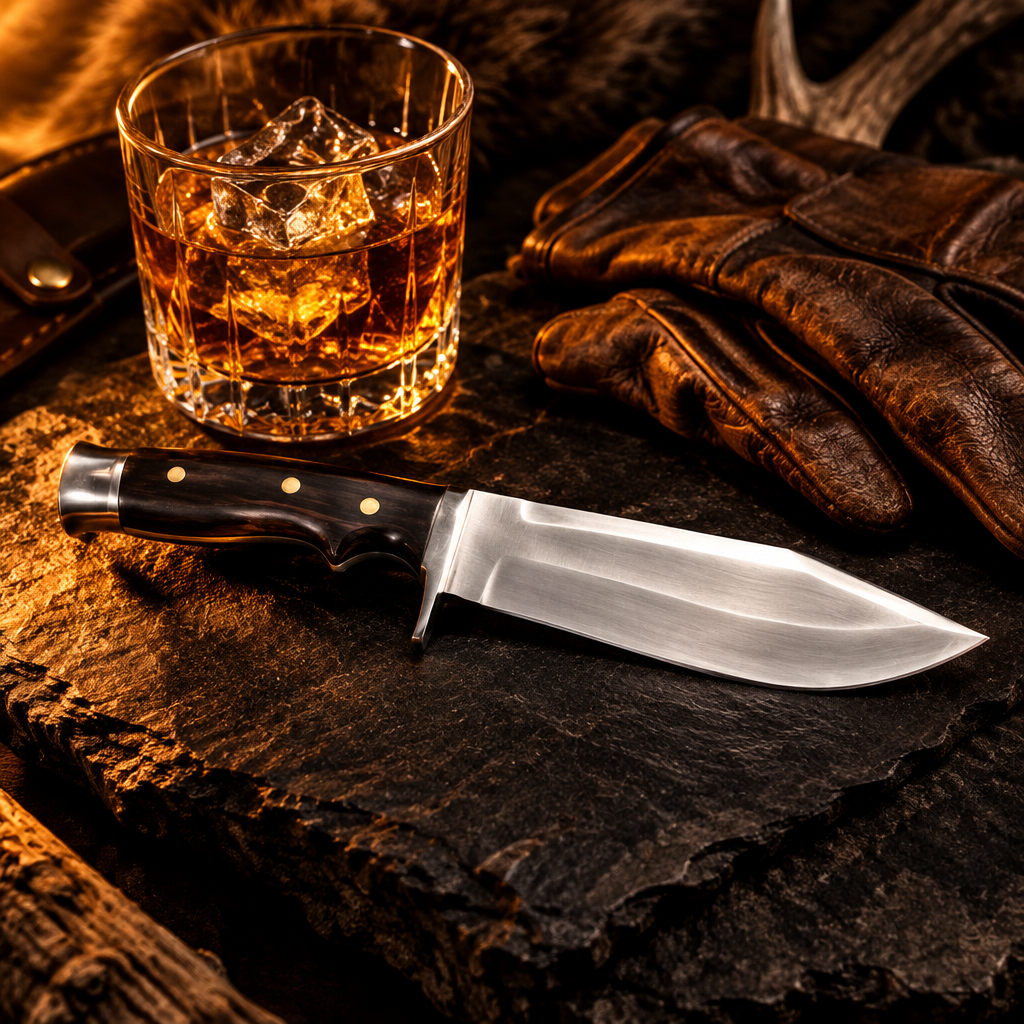 Carbon steel survival Bowie knife dark wood handle luxury cinematic editorial shot with whiskey glass and leather hunting gloves