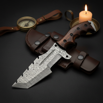Damascus tanto tracker knife and brown leather sheath in a dark premium editorial setting