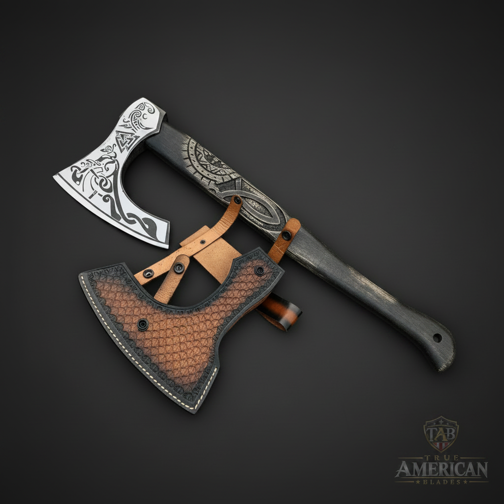 Black engraved Viking-inspired axe and brown matching sheath in an opposite studio view