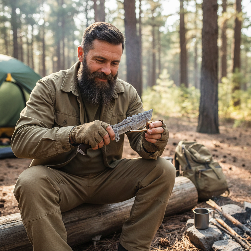 Bearded man safely using the Damascus tanto tracker knife for a camp wood shaving task