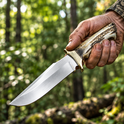 Rugged hand gripping handmade stainless steel Bowie hunting knife stag antler handle brass bolster dynamic outdoor grip pose forest bokeh