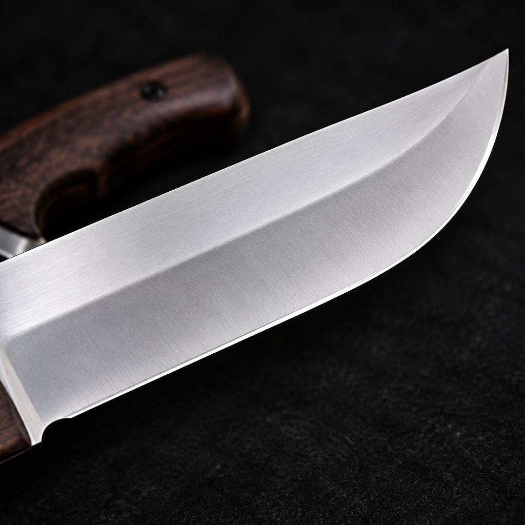 Extreme close-up of wide satin polished D2 steel machete Bowie blade on deep black charcoal background