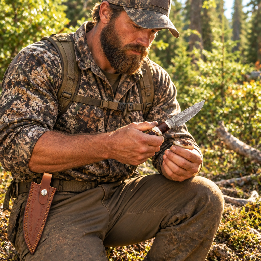 Rugged bearded hunter in bright forest looking down holding handmade Damascus skinner knife stag horn handle outdoor hunting lifestyle