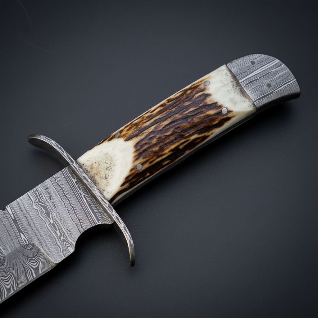 Close view of the natural stag horn handle with Damascus guard and pommel