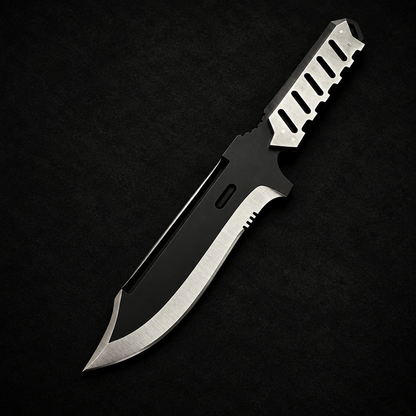 MGS4 Old Snake replica knife two-tone blade skeletonized stainless steel handle studio shot deep black charcoal background