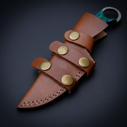 Close view of the handstitched genuine leather sheath with brass snap buttons