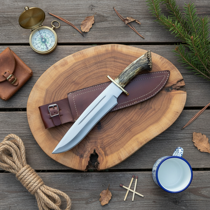 Handmade D2 Bowie knife and genuine leather sheath on a rustic wooden camping flat lay