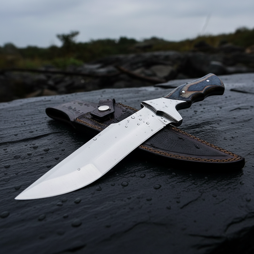 Handmade fixed blade knife with mirror polished D2 steel blade lying flat on dark slate stone outdoors