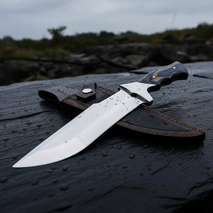 Handmade fixed blade knife with mirror polished D2 steel blade lying flat on dark slate stone outdoors