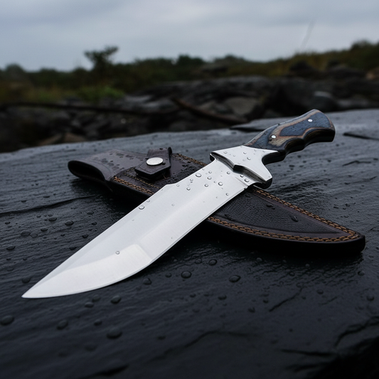 Handmade fixed blade knife with mirror polished D2 steel blade lying flat on dark slate stone outdoors
