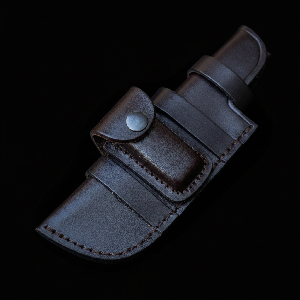 Dark brown leather horizontal belt sheath with pocket diagonal angle on deep black charcoal background