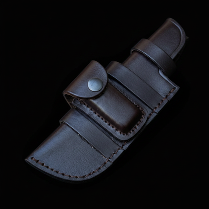 Dark brown leather horizontal belt sheath with pocket diagonal angle on deep black charcoal background