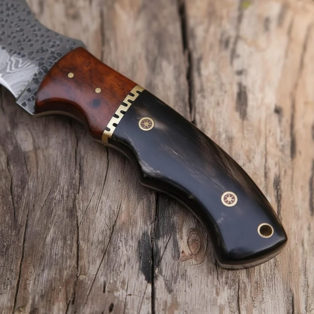 Buffalo horn handle and bone bolster detail on a Damascus tracker knife