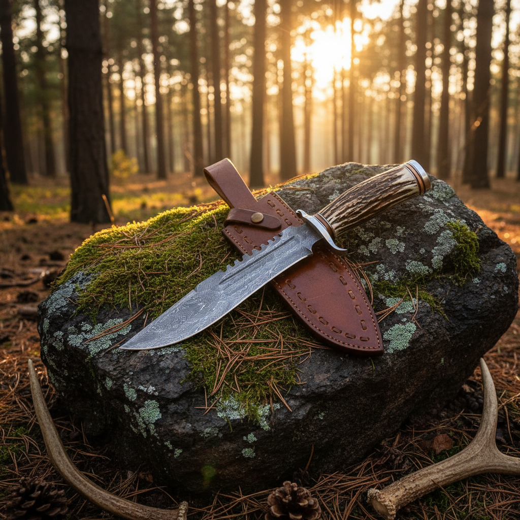 Handmade Damascus Bowie knife with stag antler handle displayed on mossy granite rock in American pine forest