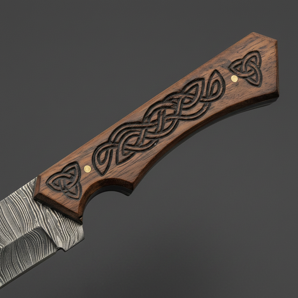 Close-up of carved walnut wood handle with Nordic and Celtic knot patterns and brass pins on a Seax knife