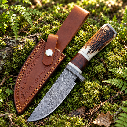 Handmade Damascus skinner knife stag horn handle and tan embossed leather sheath on thick green forest moss natural outdoor