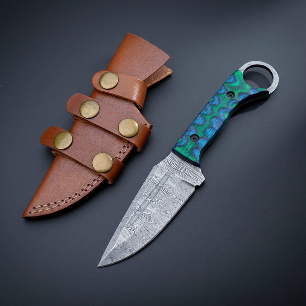 Custom Damascus steel ring knife with leather sheath on charcoal studio background