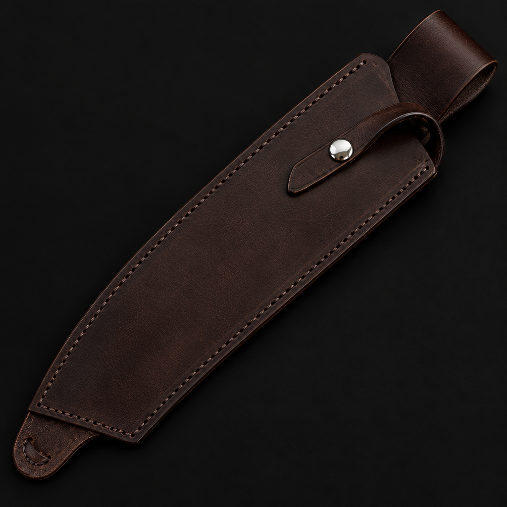 Extreme close-up of dark brown genuine leather Bowie knife sheath with silver snap button full sheath visible on black background