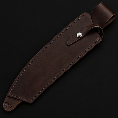 Extreme close-up of dark brown genuine leather Bowie knife sheath with silver snap button full sheath visible on black background