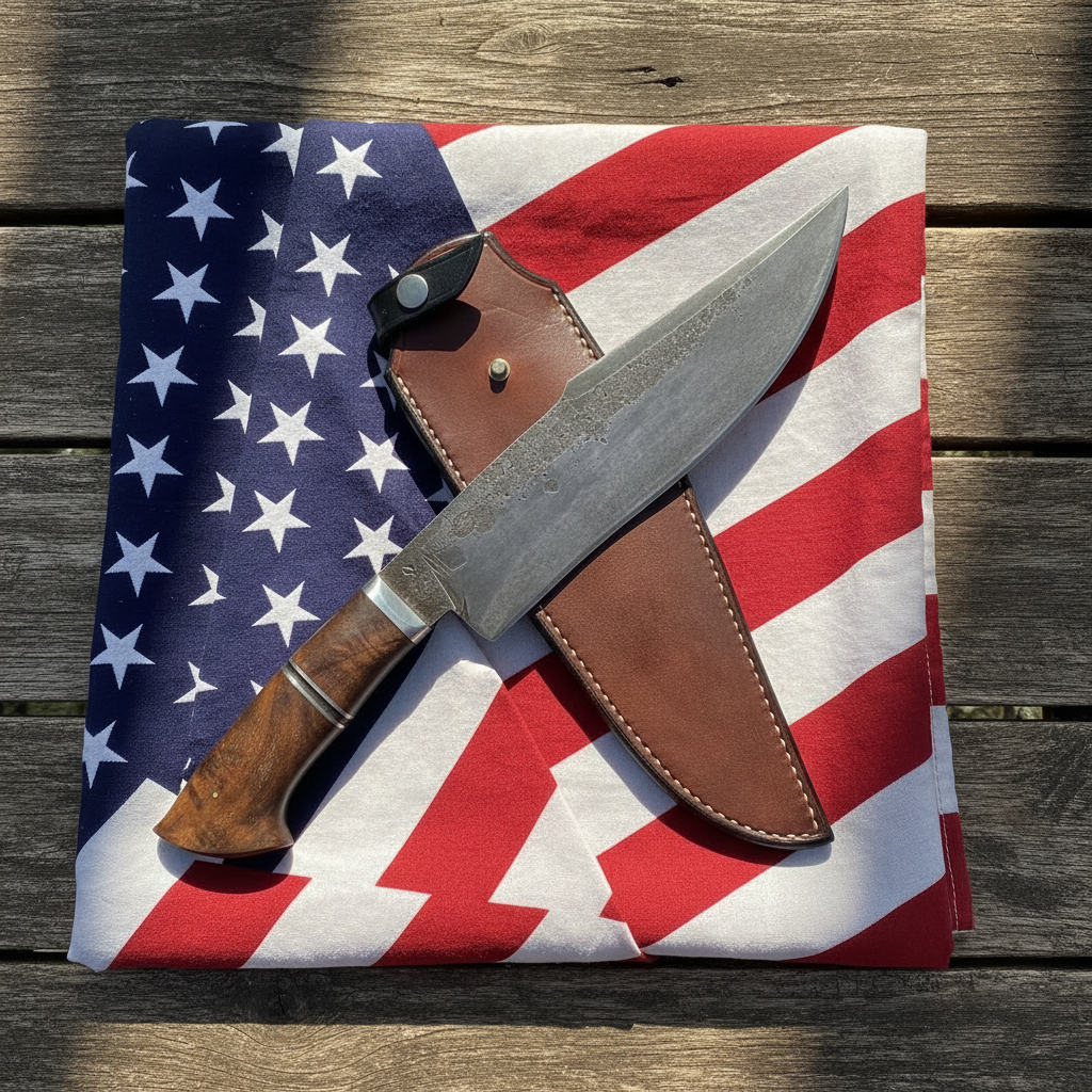 Handmade carbon steel Bowie knife with burned bone handle laid flat on American flag on rustic outdoor table